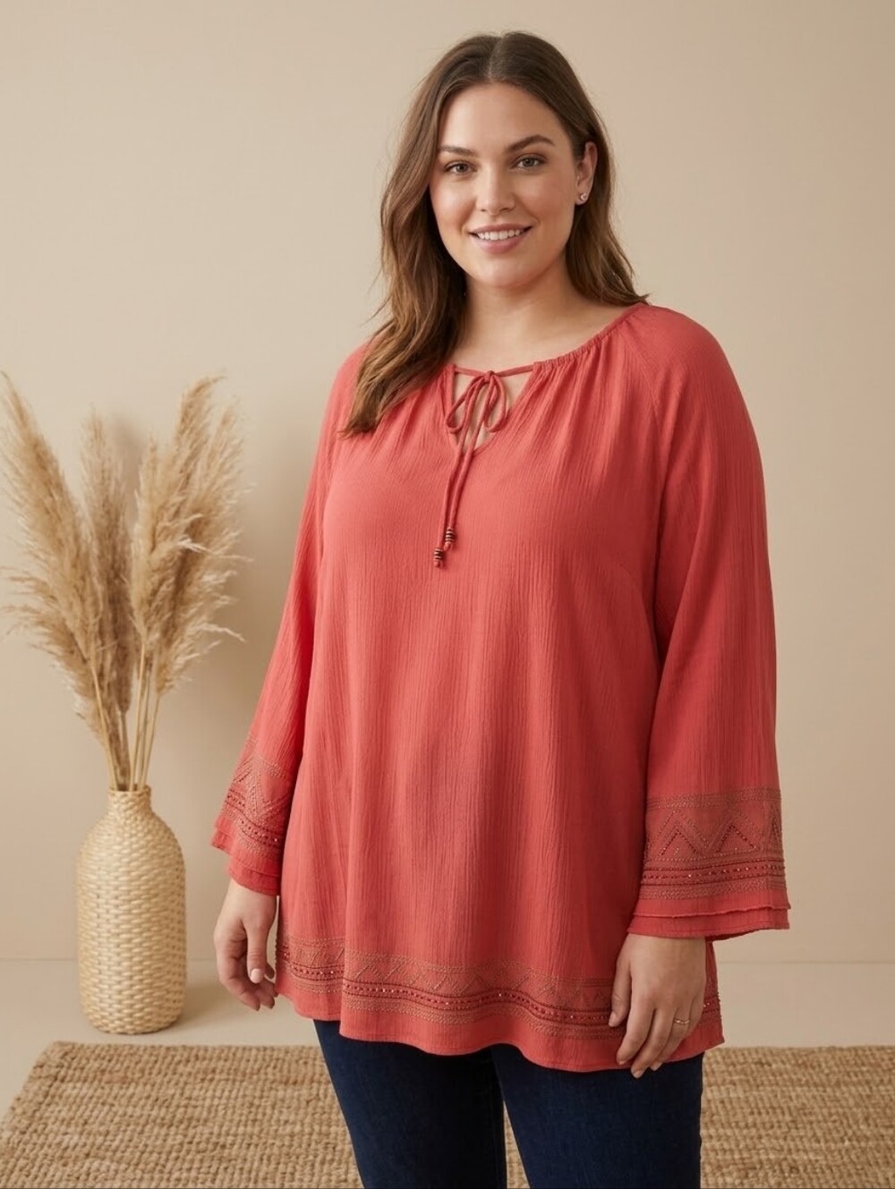 Vintage Liz Claiborne 2X Boho Coral Top Embroidered Beaded Tunic Blouse